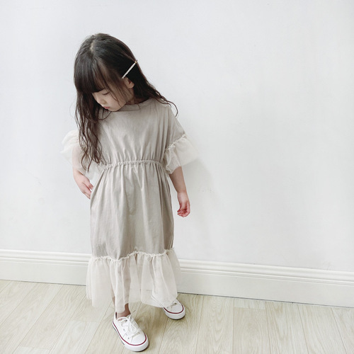 ANKRT Spring and Autumn Parent-Child Series Japanese Style Long Length Waist-Close Inconsistent Splicing Fringe Net Dress for Girls