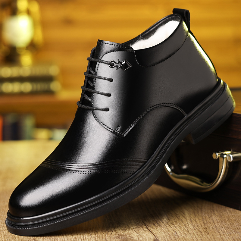 Wenzhou Leather Shoes for Men, Business Three-Joint Plus Velvet and Thickened Trendy Cotton Leather Shoes for Middle-Aged Dads, Warm Shoes for One Piece Drop Shipping