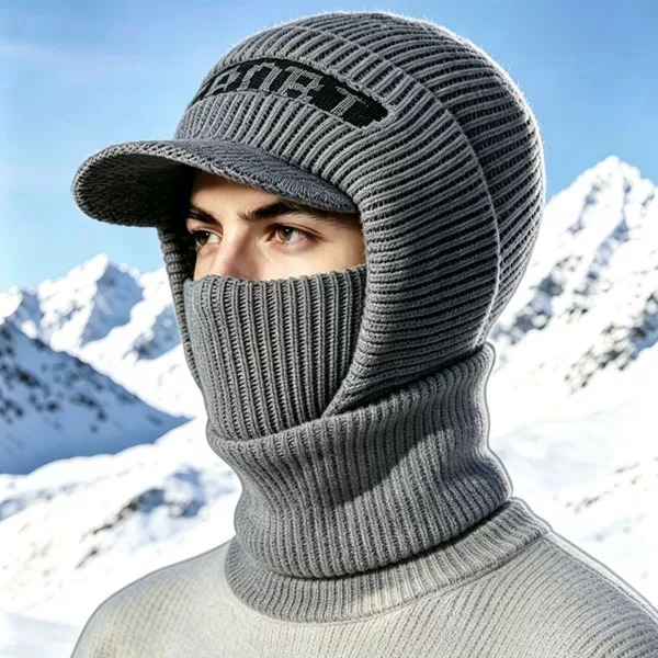 New men's ear-protecting hat with fleece lining, knitted woolen hat with integrated neck warmer, thickened for cycling in autumn and winter, neck-protecting one-piece hat