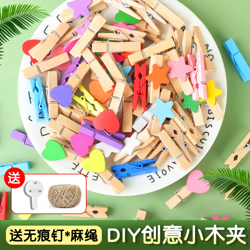 Wholesale In-Stock Cartoon Wooden Heart Clips Colorful Clips 3.5cm Solid Wood Decorative Clips Children's Photo Clips
