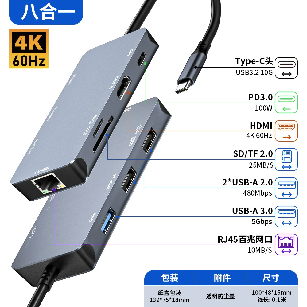 Док-станция Type-C с расширением, HD 4K дисплей, USB3.0/гигабитный сетевой порт, сплиттер, восьмив-один HUB