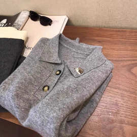 25秋冬新款女士小刺猬刺绣POLO领针织毛衣精仿羊毛气质减龄上衣