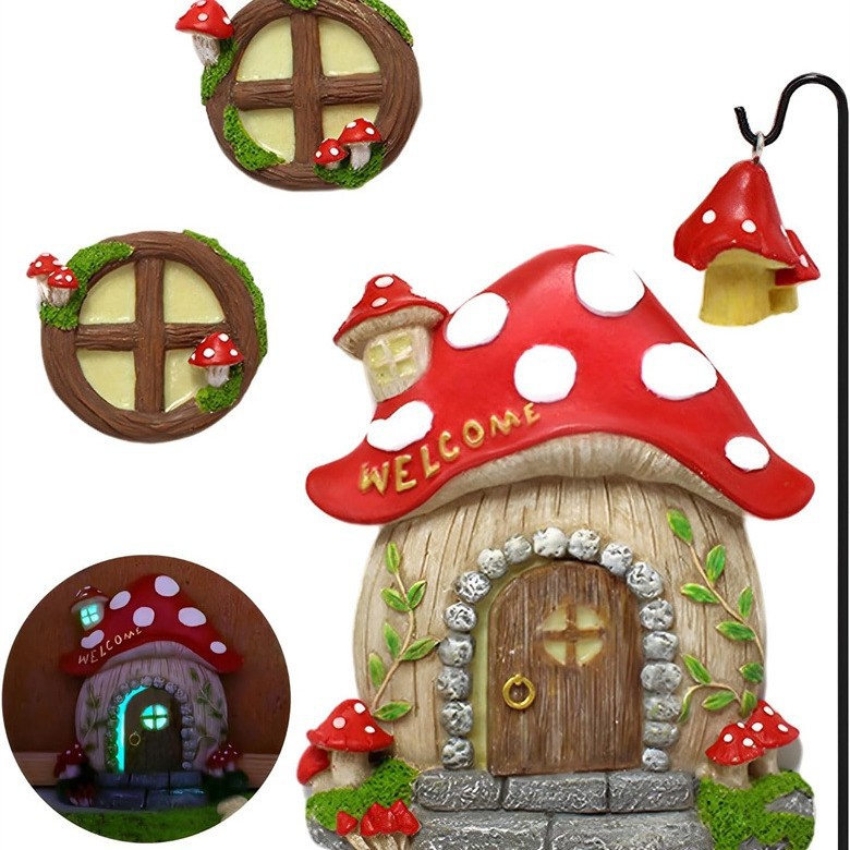  new luminous mushroom house door and window garden pendant environmentally friendly resin crafts    