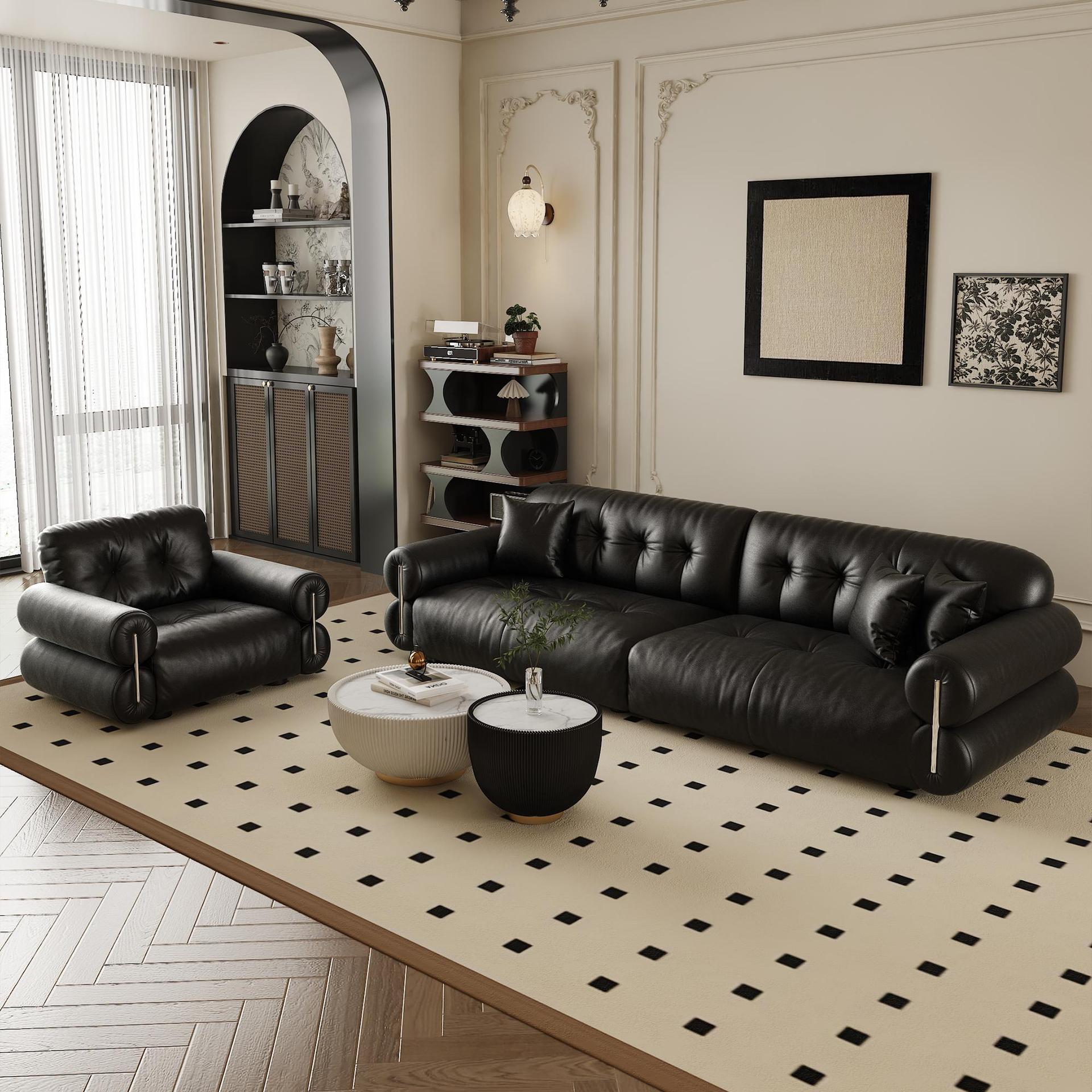 French Retro Brown Sugar Cloud Sofa Living Room Reception Straight Row Light Luxury Black Leather Designer Internet Celebrity Sofa