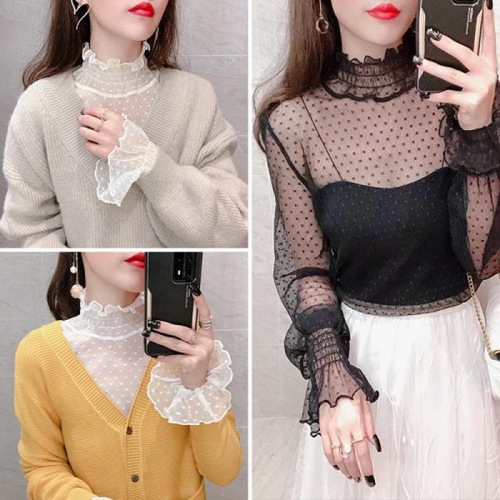 Lace Camisole Top for Women - Autumn/Winter New Style, Stylish Innerwear, Fairy Bellsleeve, Semi-High Collar, Polka Dot Net Dress Shirt