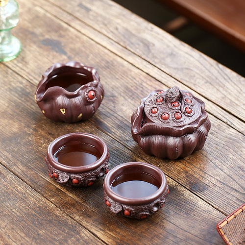 Yixing purple clay pot lotus hand-caught pot purely handmade fair cup old purple clay lotus cup lotus seed cup good luck lotus