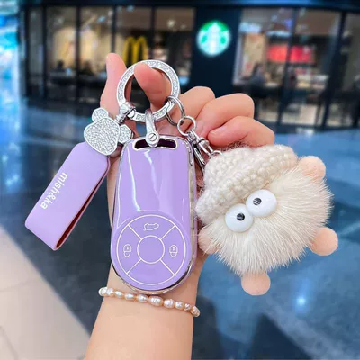 Cute Buckle Special Female Morandi – Static Rod/Key Bag - lilac-purple-full-diamond-bear-purple-rope-small-coal-ball