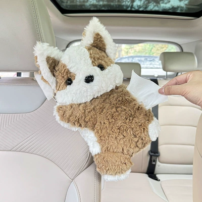 Cute Corgi Car Tissue Box Plush Toy Doll Car Hanging Tissue Bag Popular Car Decoration Accessories