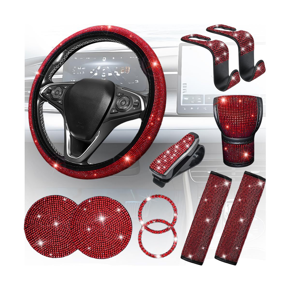 11-Piece Car Interior Set with Diamond-Encrusted Steering Wheel Cover, Car Hook, Glasses Holder, One-Touch Start Ring