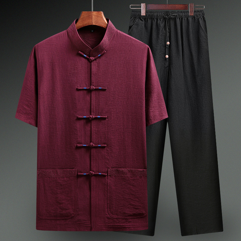 Cotton and Linen Suit Tang Suit Short-sleeved Shirt for Dad's Birthday Men's Linen Suit for Middle-aged and Elderly Summer Old Grandpa