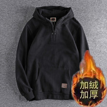 日系贴标连帽卫衣男士韩版衫新款半开领连帽男士卫衣潮流青年上衣