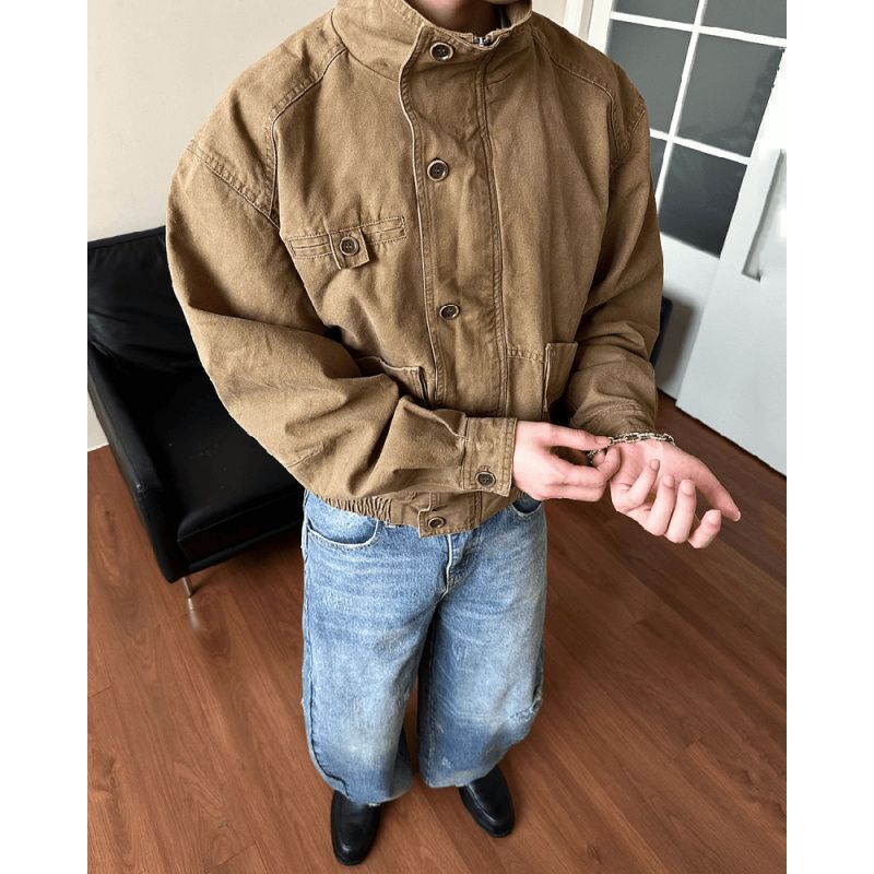 American-Style Vintage Khaki Canvas Work Jacket for Men and Women, Fashionable Loose Short Harrington Jacket for Men American-Style Vintage Khaki Canvas Work Jacket for Men and Women, Fashionable Loose Short Harrington Jacket for Men