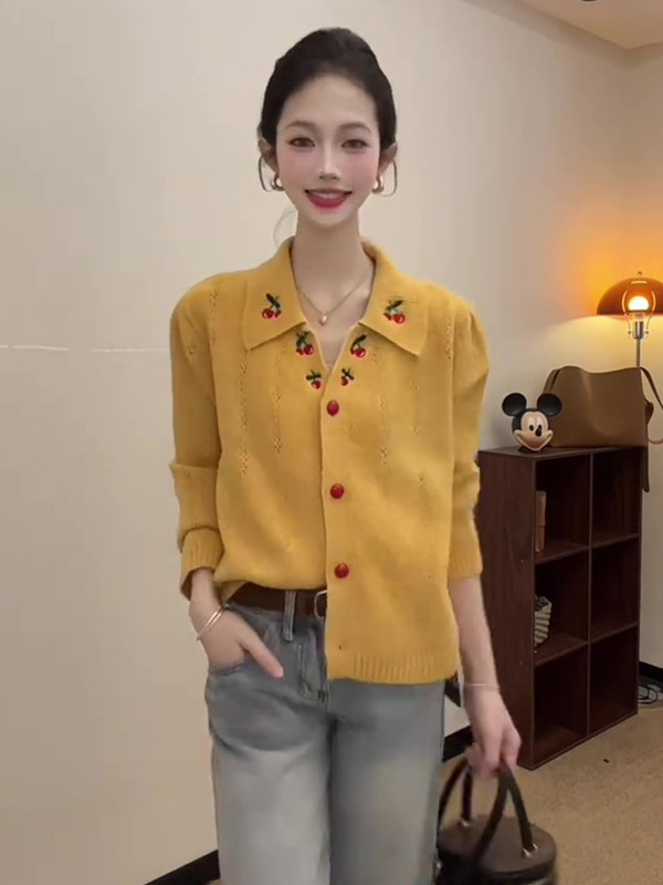 樱桃刺绣毛衣开衫外套女2025早秋新款慵懒风减龄巨好看的针织上衣|undefined