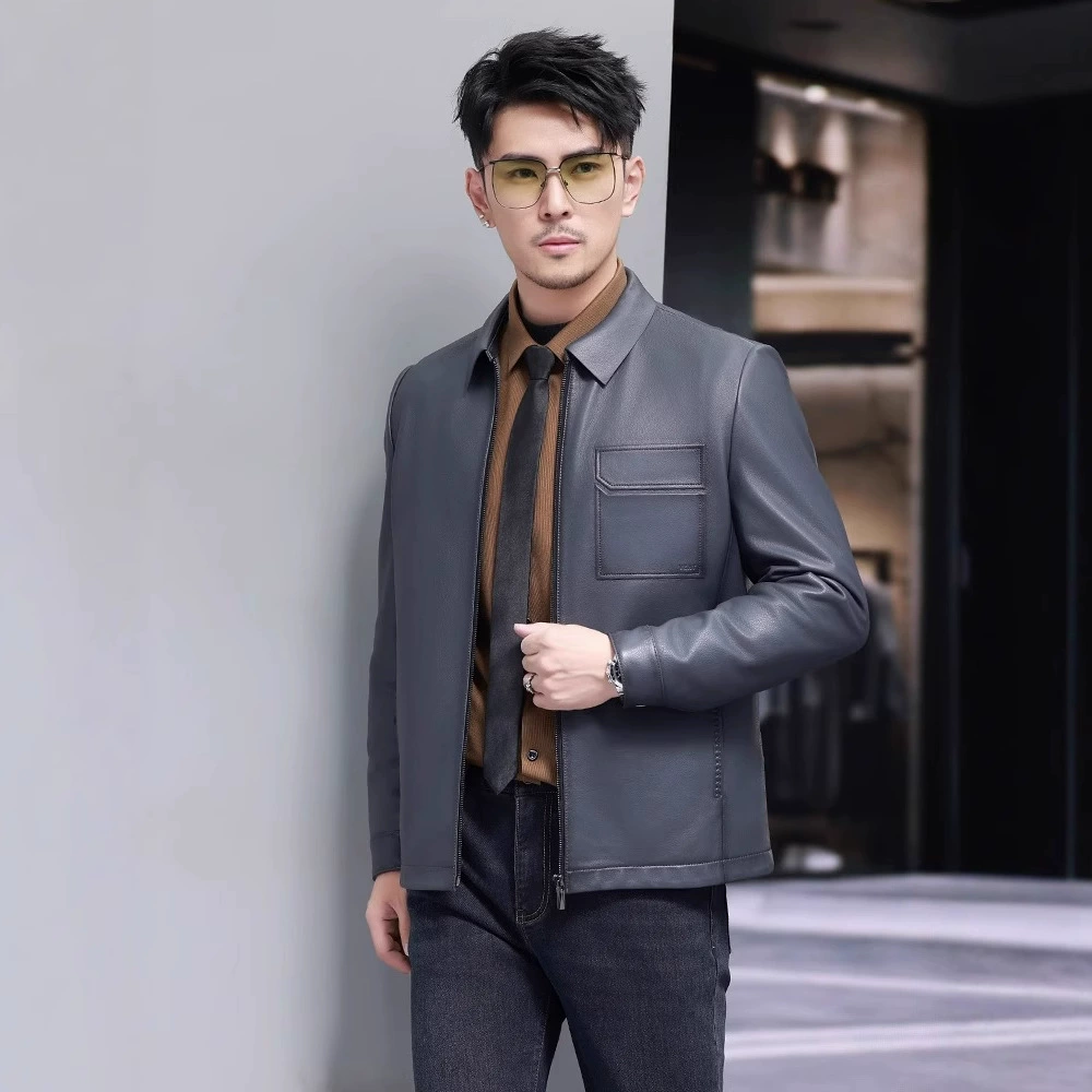 Короткая модная рубашка, жакет, натуральная кожа, slim fit