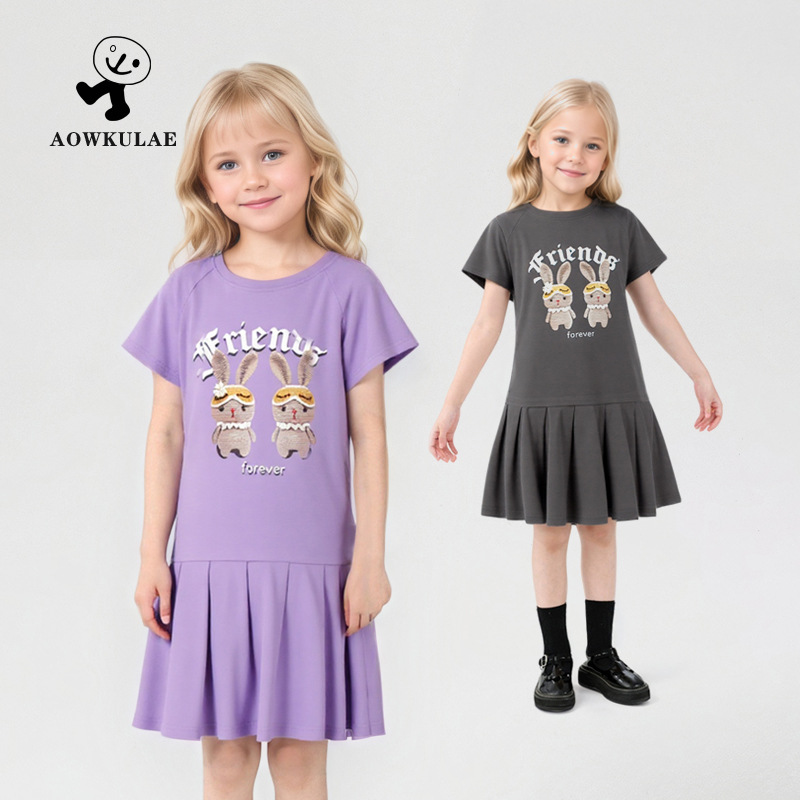 Summer Korean Style New Girls' Western Style Dress Large Children's Cartoon Bear Pleated Skirt Girl's Short Sleeve dress