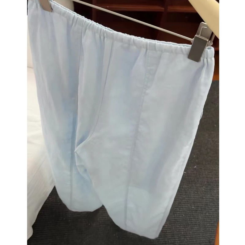 Highly recommended! Light blue linen pants for women, summer 2026 new model, slim waist with drawstring, slimming and drapey casual pants