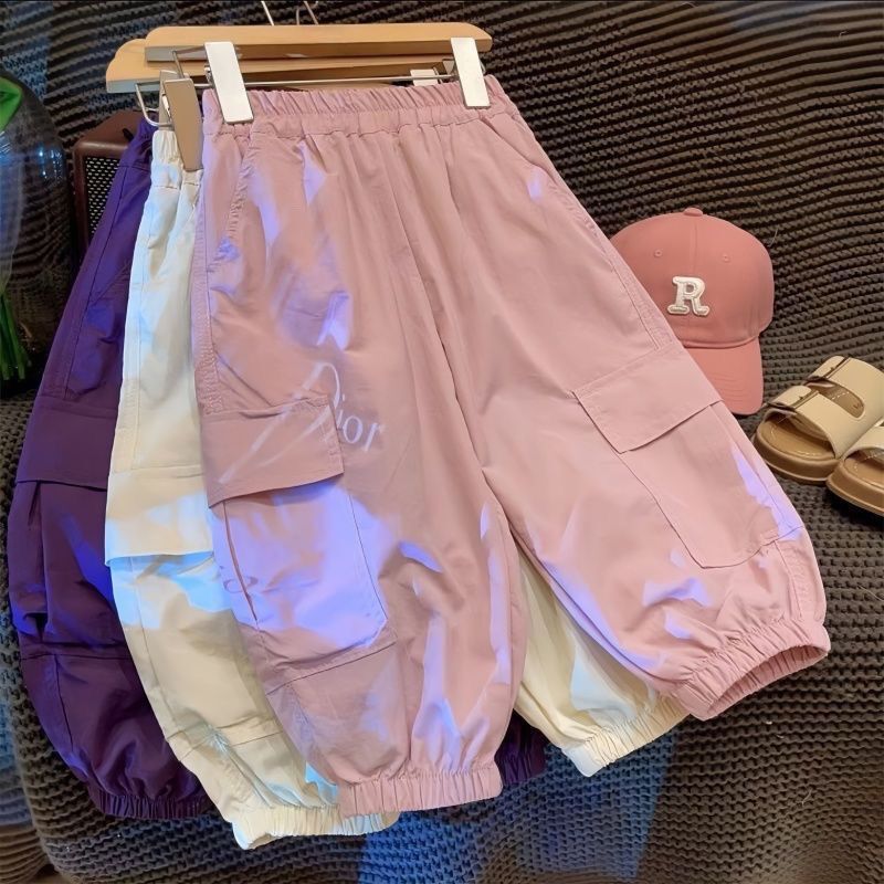 Summer Girls' Pants 2025 New Style Ice Silk Thin Cargo Pants with Large Pockets, Jogger-Style Quick-Dry Children's Long Pants for Summer