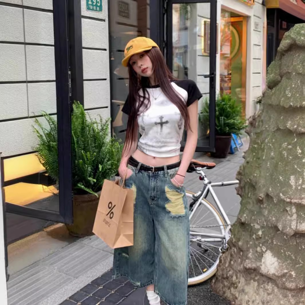 Vintage Blue Washed Dressed Ripped Jeans Women's Summer High Waist Niche Design Zipper Wide Leg Cropped Pants