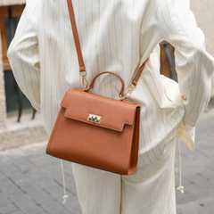 Leather handbag for women, 2023 new model, high-end leather top-handle Kelly bag, single-shoulder and cross-body, niche commuting small square bag