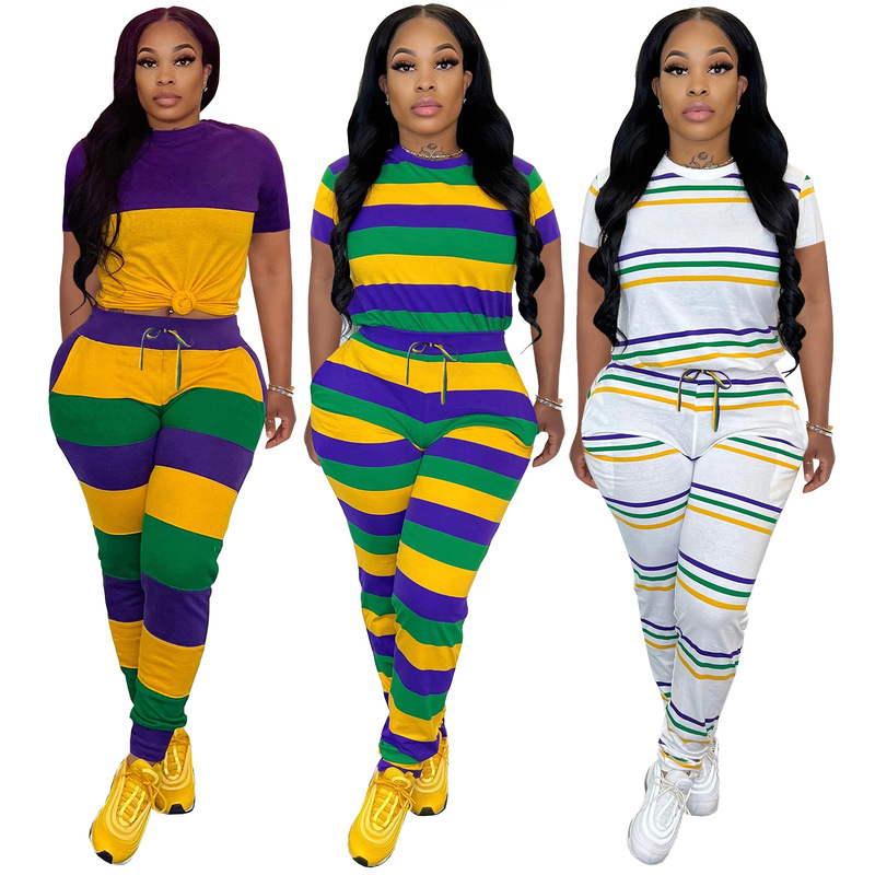 4603 Cross-border European and American Women's Cotton Sweat-absorbent Stripe Positioning Printed Round Neck Short-sleeved Pants Set Two-piece Set