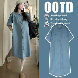 孕妇装2024夏季韩版时尚休闲宽松牛仔连衣裙哺乳衬衫裙中长款潮妈