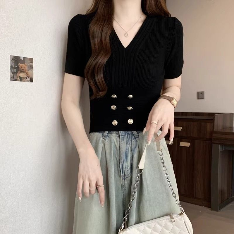 V-Ausschnitt, hohe Taille, kurzärmeliger Damen-Sommer, neuer französischer Stil, kleiner, duftender Wind, Eisseide, gestrickter Pullover_voghion.com