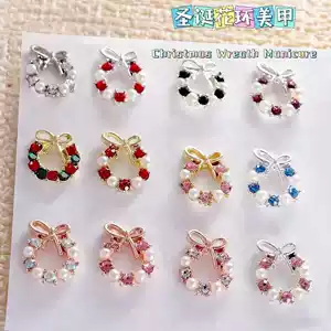 ของตกแต่งเล็บรูปพวงหรีดคริสต์มาส ประดับโบว์ ไข่มุก และเพชร