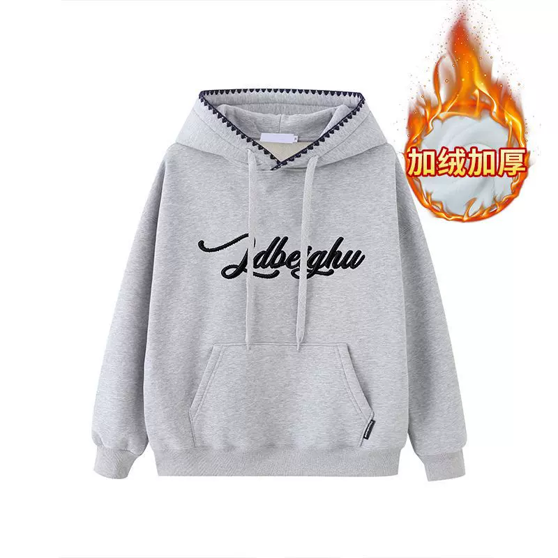 秋冬加绒加厚卫衣女纯棉华棉复合新款刺绣宽松圆领韩版上衣女装