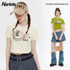 Nariele 2023夏季新款短袖圆领小熊t恤女小个子露脐辣妹短款上衣