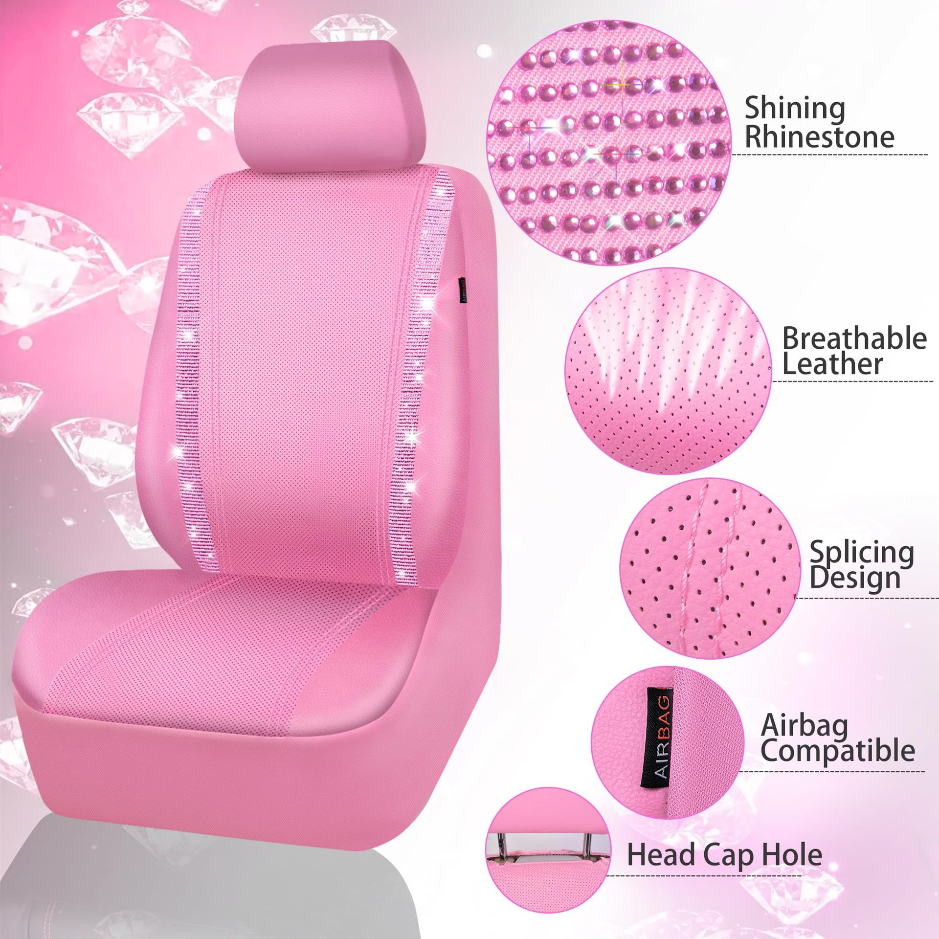 Diamond-Studded Car Seat Set, Rhinestone Car Seat Covers, Diamond Leather Car Seat Covers, Universal