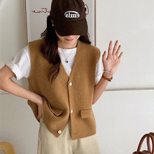 韩系风纯色假口袋针织马甲女2023秋季上新叠穿V领宽松毛衣背心女