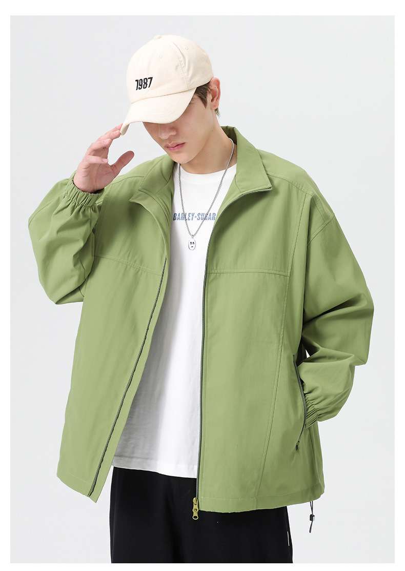 ​Men's Revere Collar Jacket - Minimalist Zippered Overshirt In Black/Olive/White | Anti-Wrinkle Polyester Blend For Urban Commuting​_viptrois.com