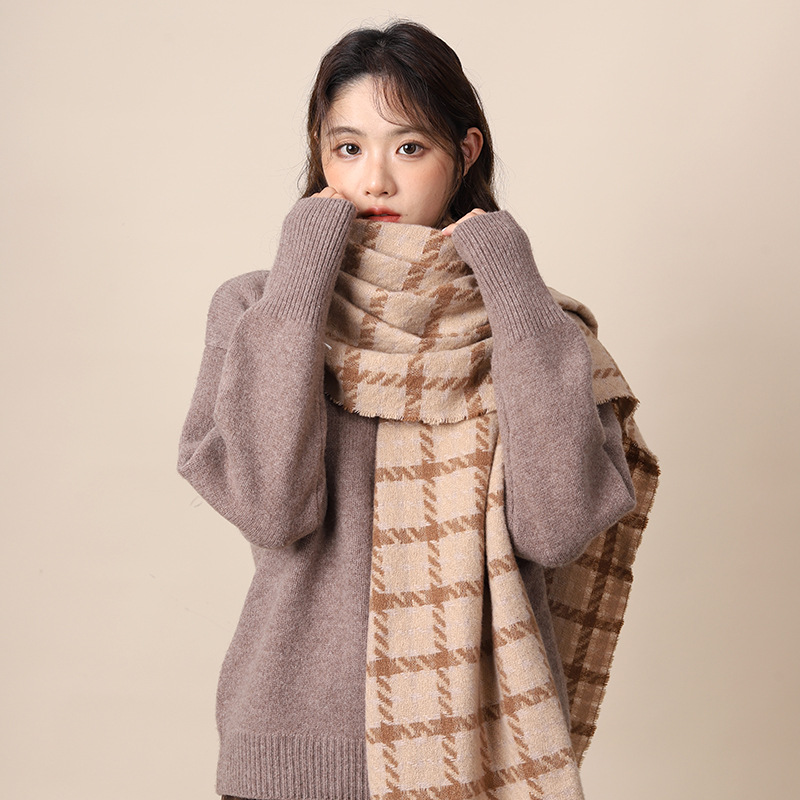 Eșarfă groasă și caldă premium pentru femei, ediție coreeană versatilă, cu model Thousand Bird Grid, iarna 2024, tendință pentru cupluri studenți_voghion.com