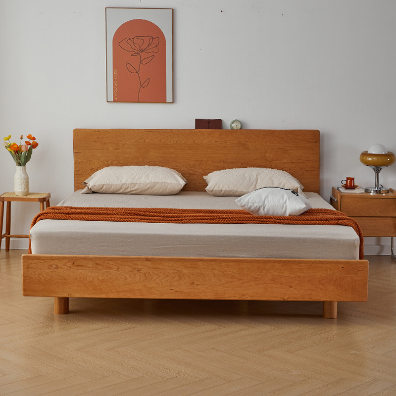 Nordic Cherry Wood Suspension Bed Full Solid Wood Japanese Simple Double Bed 1.8 m Bed 1.5 m Log Wind Large Board Bed