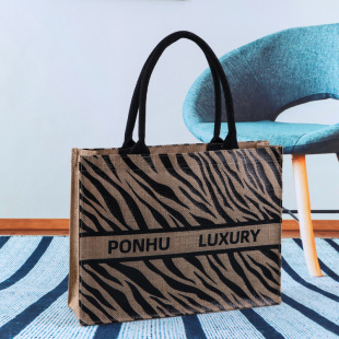 Factory wholesale simple jute tote bag classic striped pattern linen bag large capacity shopping bag printed logo