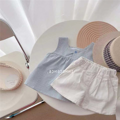 夏季女童套裝寶寶洋氣兒童個性網紅牌韓版格子背心上衣短褲兩件套