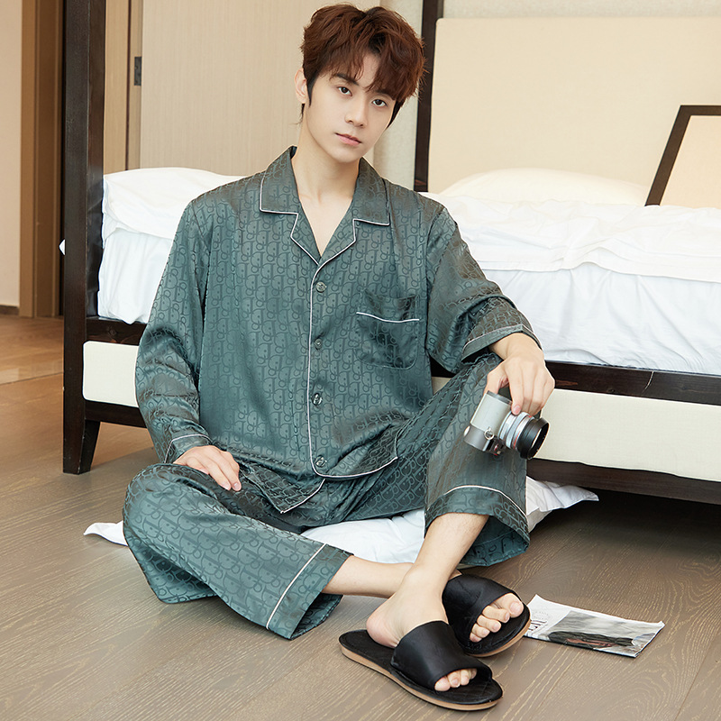 2026 New Ice Silk Pajamas Thin Men's Long-Sleeved Long Pants Letter Dq Dark Green Loungewear Set Can Be Worn Outside