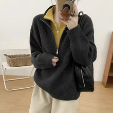 韩系慵懒风高级感假两件拉链毛衣针织上衣欧洲站2025秋季新款女装