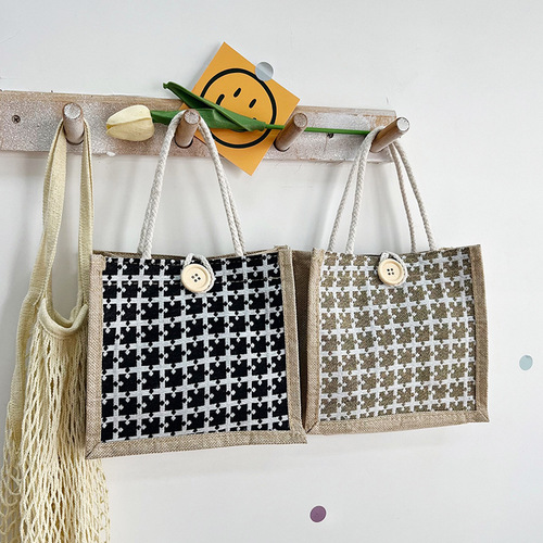 Fashionable linen women's bag, autumn new handbag, plaid button simple lunch bag, linen small bag for women