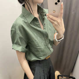 绿色短袖棉麻衬衫女夏季设计感小众职业高级感衬衣小个子亚麻上衣