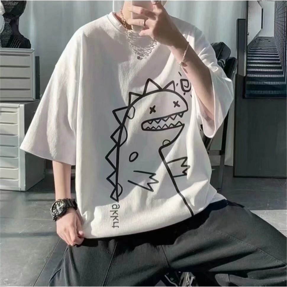 Nuevo dinosaurio Camiseta de manga corta de los hombres ins marca de moda Primavera suelta High Street camiseta moda todo-Partido pareja ropa de media manga