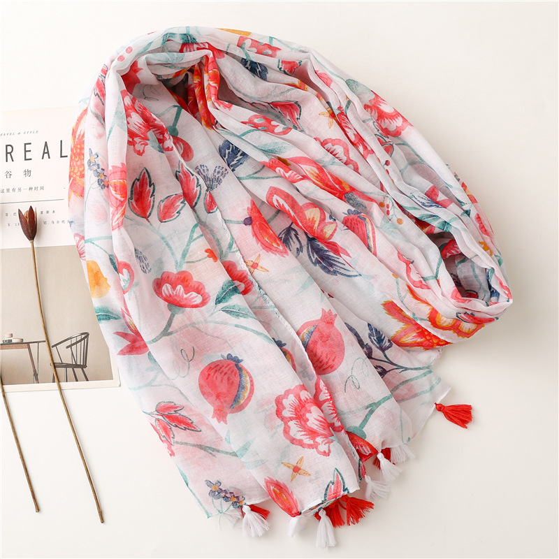 Printing Design Cotton And Linen Scarf Red Petals Dragon Fruit Tassel Scarf Shawl