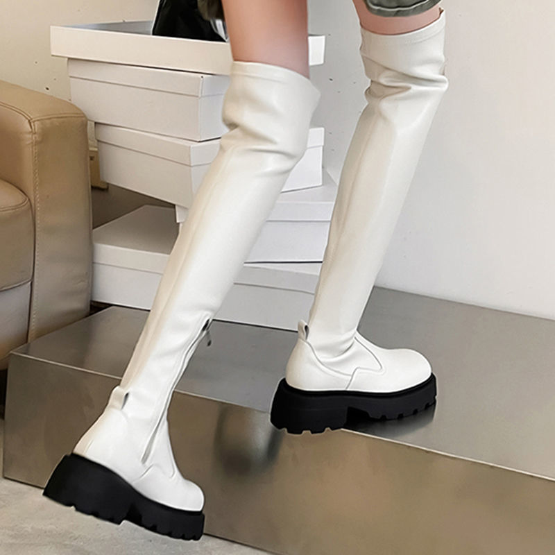 Sexy demi-season elastic high boots platform square toe