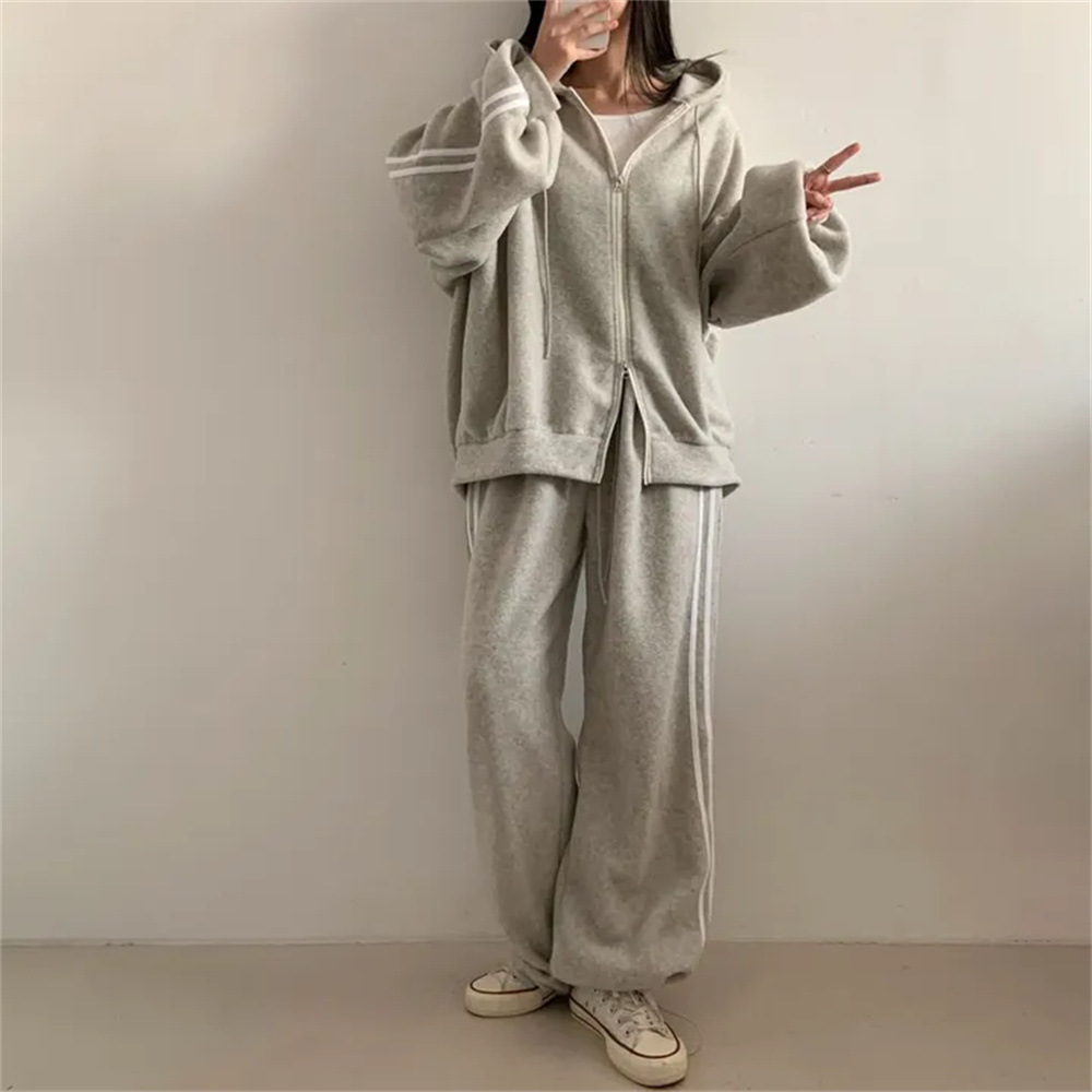 クロスボーダー卸売ジッパースウェットシャツカジュアルツーピースグレー韓国ブランドファッションスポーツスーツ女性のための春と秋怠惰なルーズ