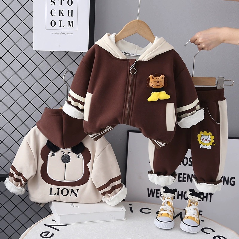 2025 新秋韓国風子供スーツフード付きライオン長袖服 2 点セット男の子カジュアル子供服トレンド|undefined