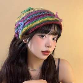 手工钩织法式复古彩色条纹三角巾女洋气复古装饰小领巾针织发带潮