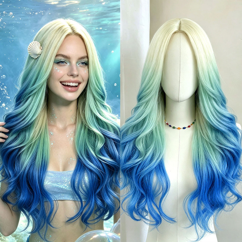 Gradient peacock blue, medium-parted, long wavy wig for women, made of high-temperature synthetic fiber, suitable for mermaid cosplay, full headpiece, in stock Gradient peacock blue, medium-parted, long wavy wig for women, made of high-temperature synthetic fiber, suitable for mermaid cosplay, full headpiece, in stock