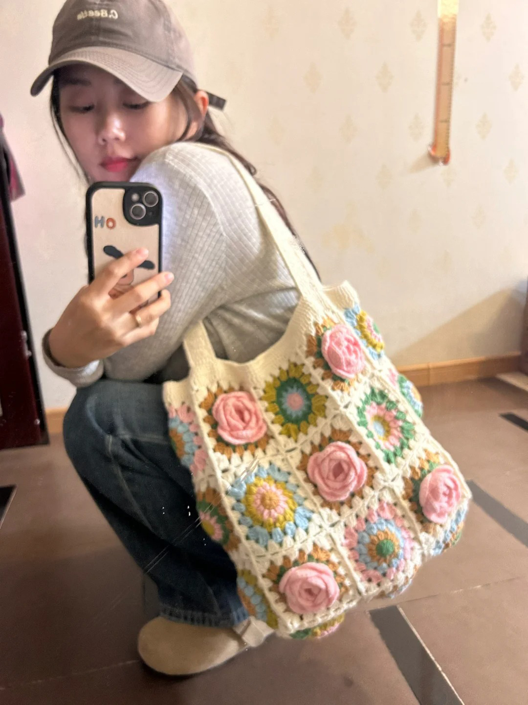 Granny Ge camellia lana tejida a mano bolsas grandes ganchillo diy material bolsa ganchillo regalo en polvo hecho a mano