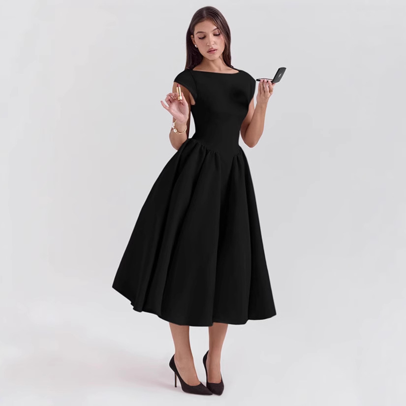 2024 otoño e invierno nuevo estilo estilo europeo y americano moda femenina transfronteriza temperamento sexy sin espalda cintura delgado vestido de color sólido image 4