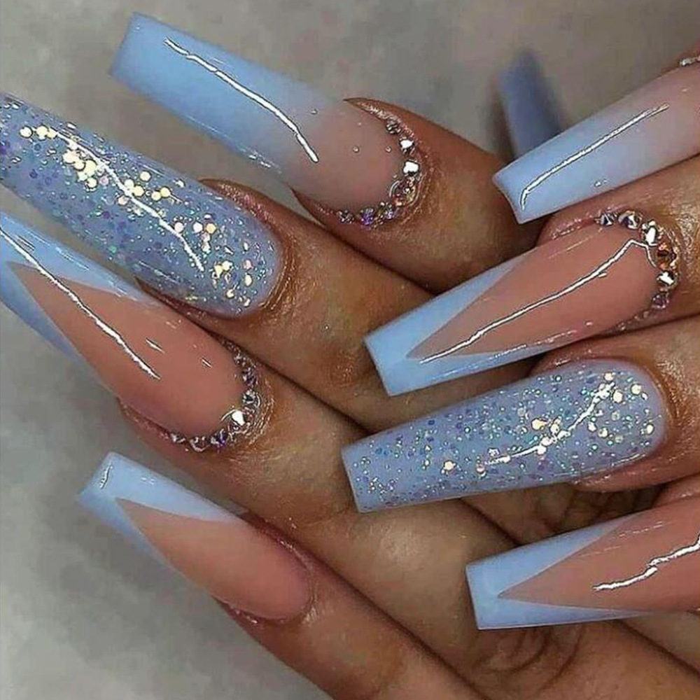 Y2K flash francés diamante de agua super largo desgaste de uñas de verano 24 piezas de parche de uñas mezclado